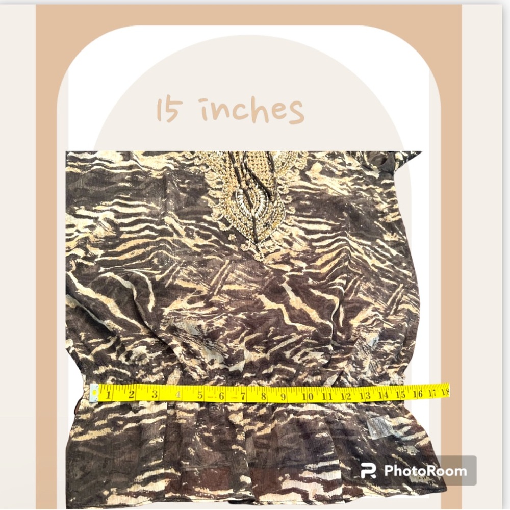 CACHE’ Women’s Sheer Jeweled Top Animal Print Blouse in Excellent condition SZ:L - Picture 11 of 15